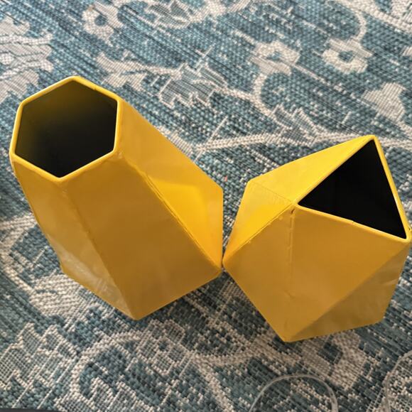 Modern Yellow Geometric Metal Vases Set of 2 Decorative Faceted Home Decor - Picture 5 of 6